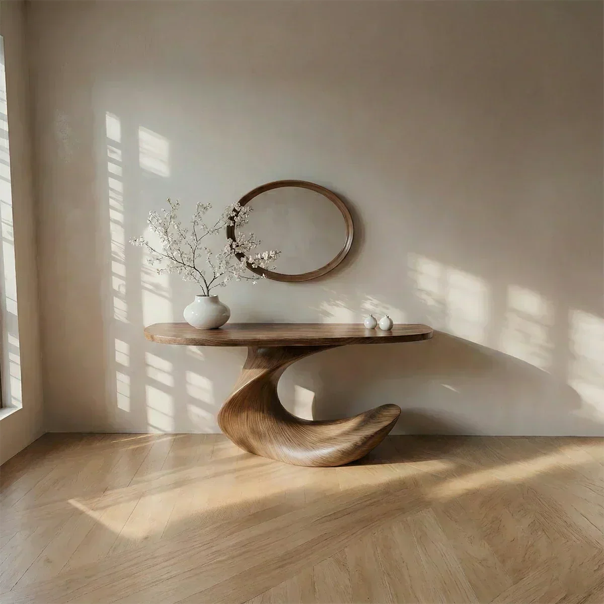 Natural Solid Wood Curved Sculptural Console in Modern Flow Design - Woodenecho