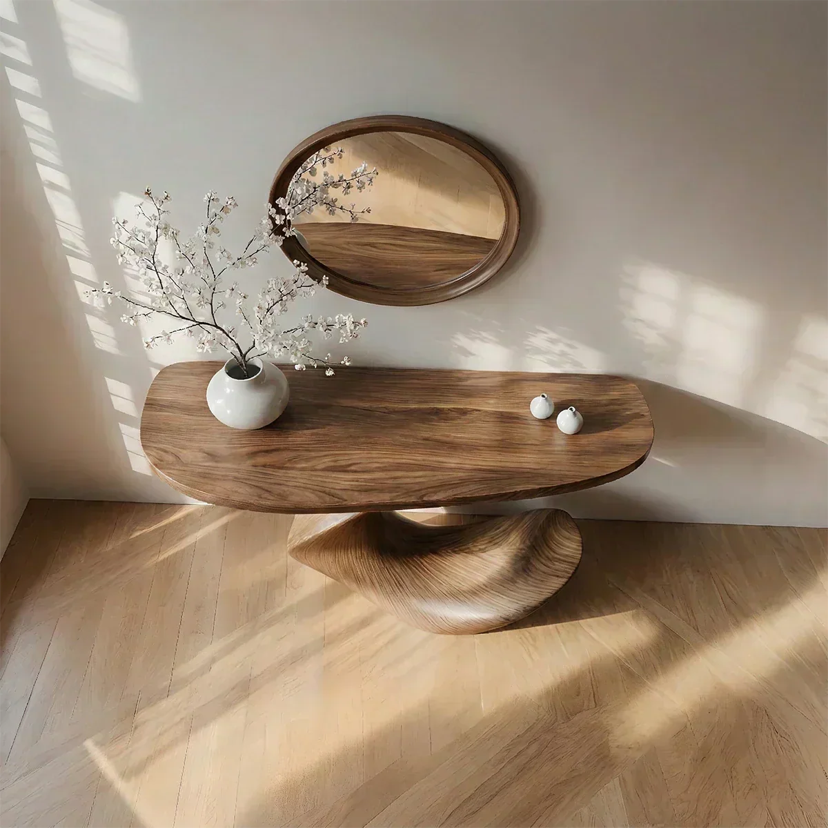 Natural Solid Wood Curved Sculptural Console in Modern Flow Design - Woodenecho