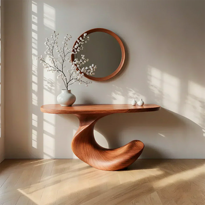 Natural Solid Wood Curved Sculptural Console in Modern Flow Design - Woodenecho