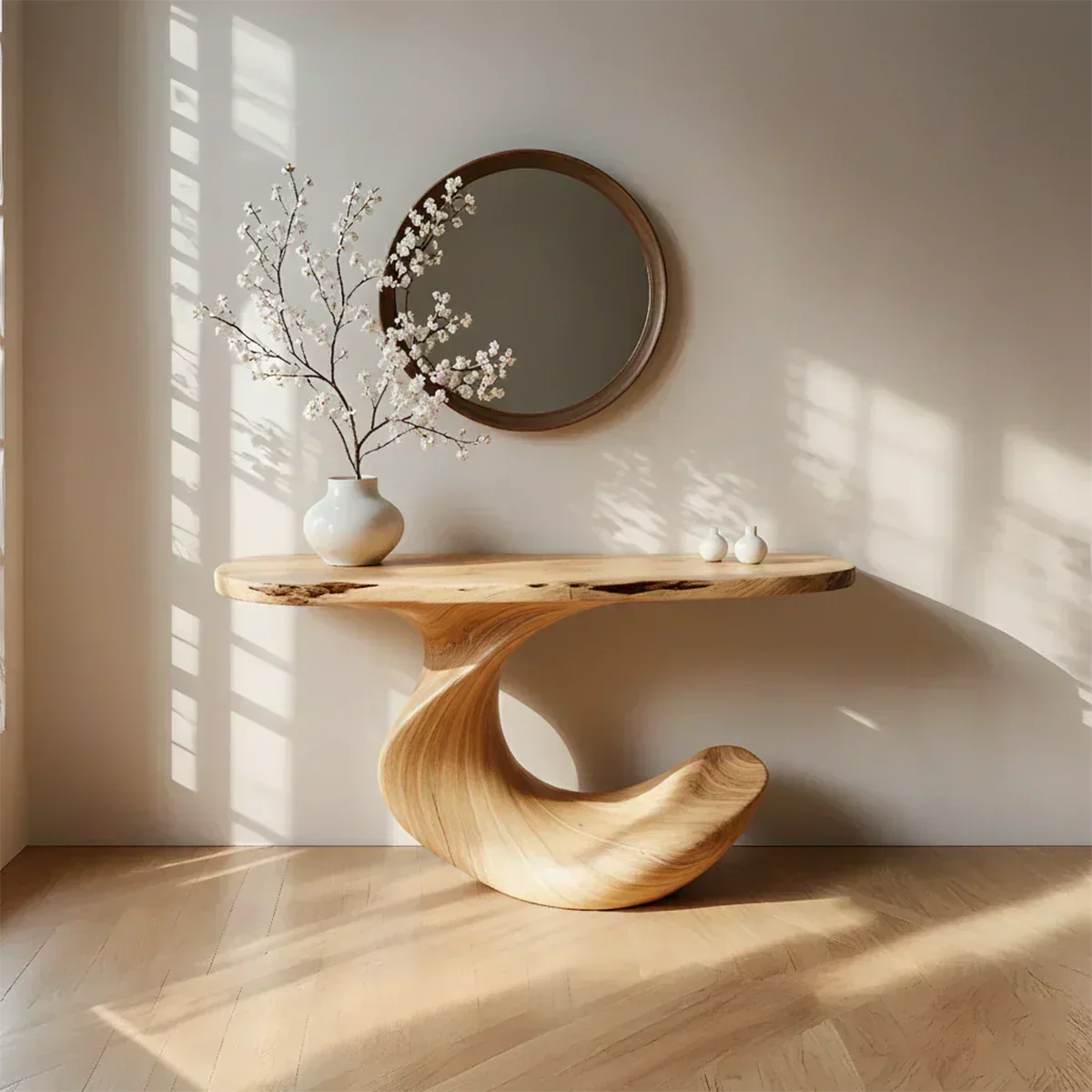 Natural Solid Wood Curved Sculptural Console in Modern Flow Design - Woodenecho