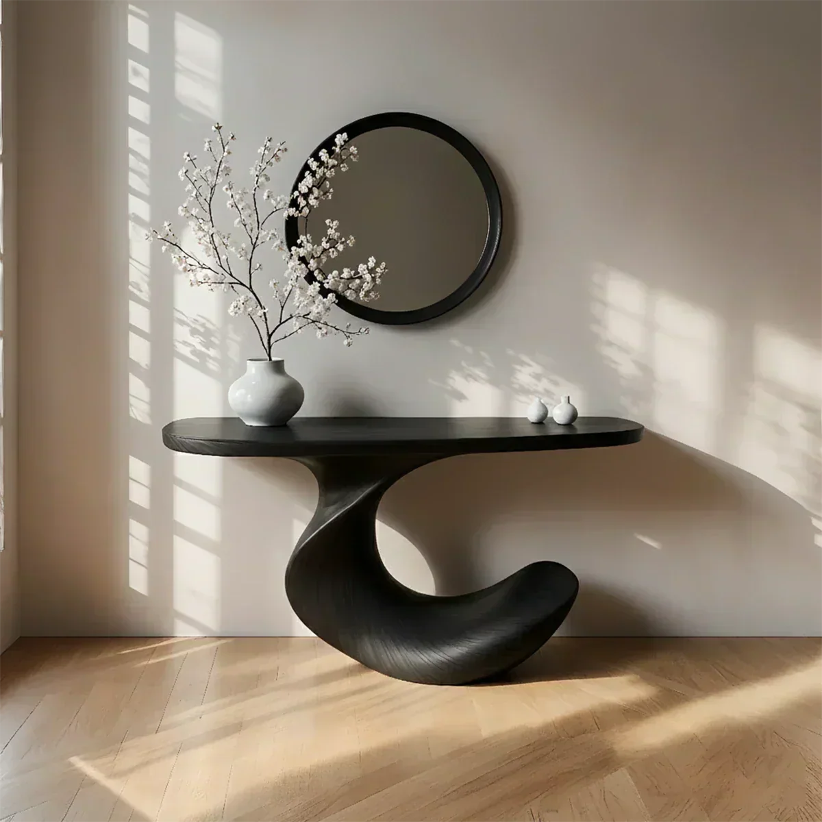 Natural Solid Wood Curved Sculptural Console in Modern Flow Design - Woodenecho