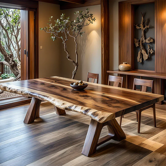 Natural Solid Wood Dining Table in Japandi Rustic Luxury Style – A Warm - Woodenecho
