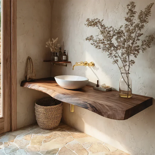 Natural Solid Wood Floating Bathroom Vanity in Wabi-Sabi Rustic Luxury - Rustirawood