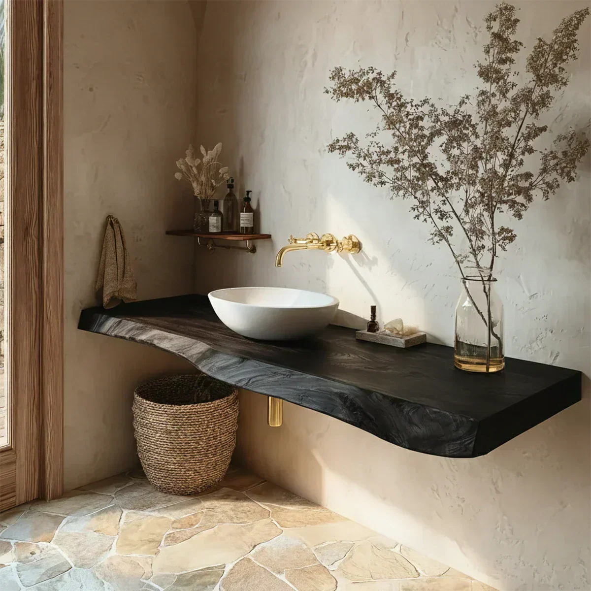 Natural Solid Wood Floating Bathroom Vanity in Wabi-Sabi Rustic Luxury - Rustirawood