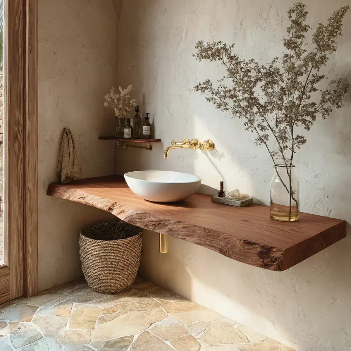 Natural Solid Wood Floating Bathroom Vanity in Wabi-Sabi Rustic Luxury - Rustirawood