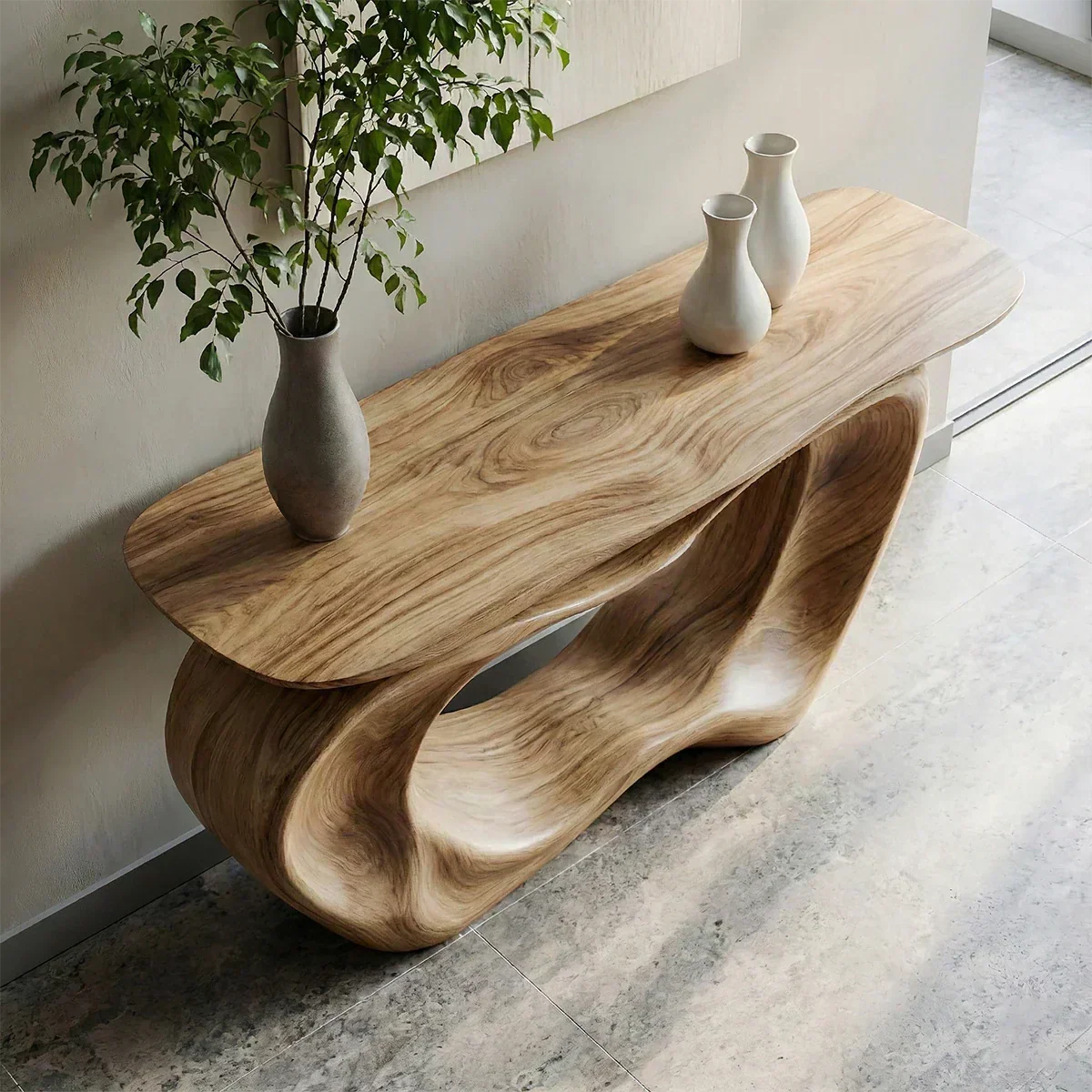 Natural Solid Wood Japandi Artistic Flow Console Table - Woodenecho