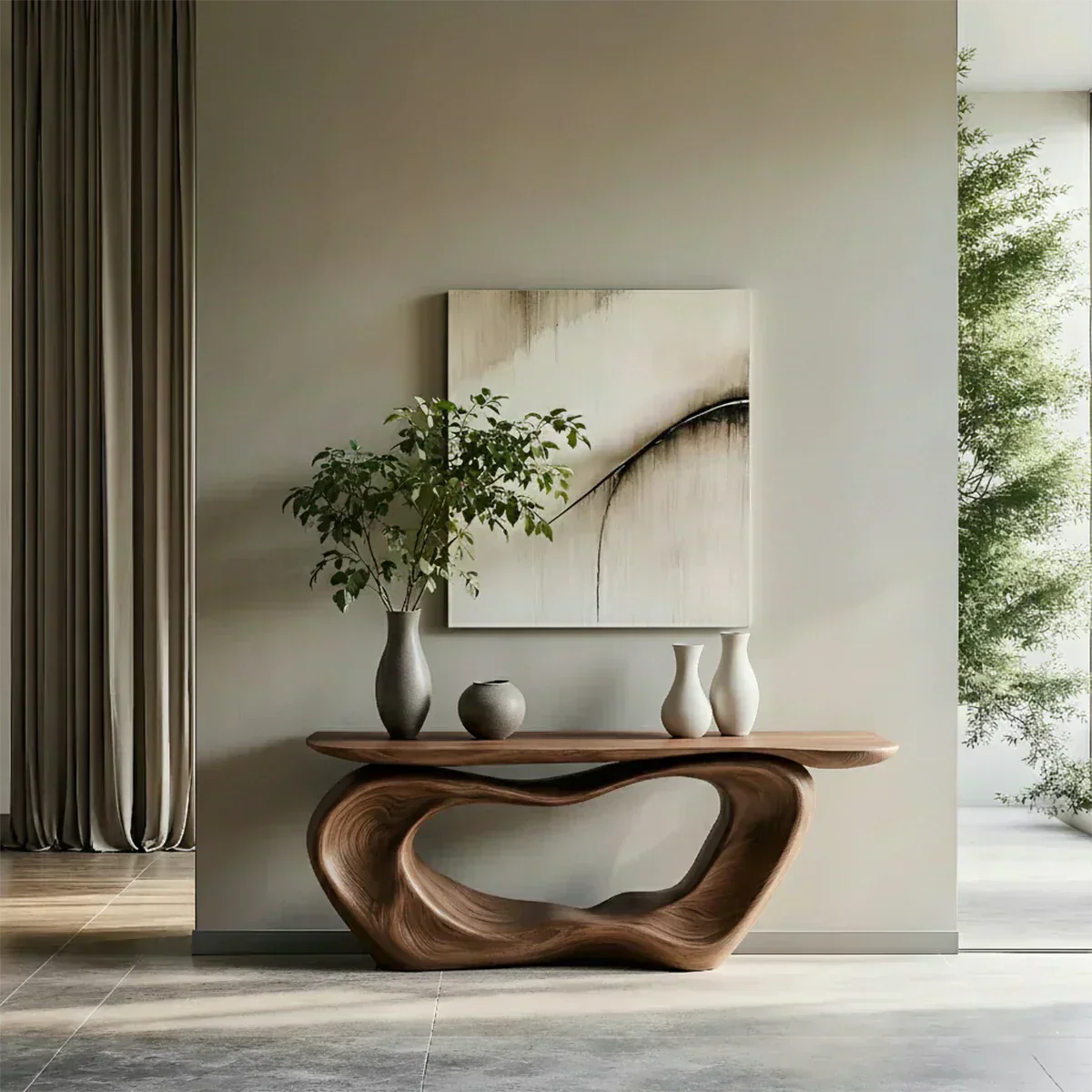 Natural Solid Wood Japandi Artistic Flow Console Table - Woodenecho