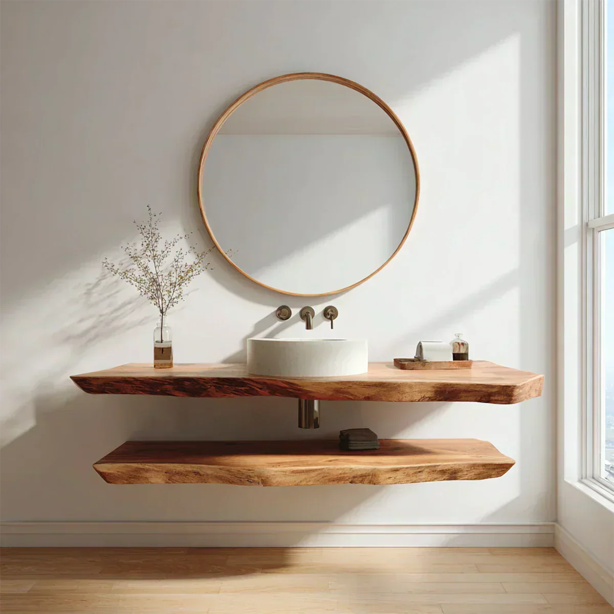 Natural Solid Wood Japandi Floating Bathroom Vanity Shelf - Rustirawood