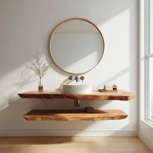 Natural Solid Wood Japandi Floating Bathroom Vanity Shelf - Rustirawood