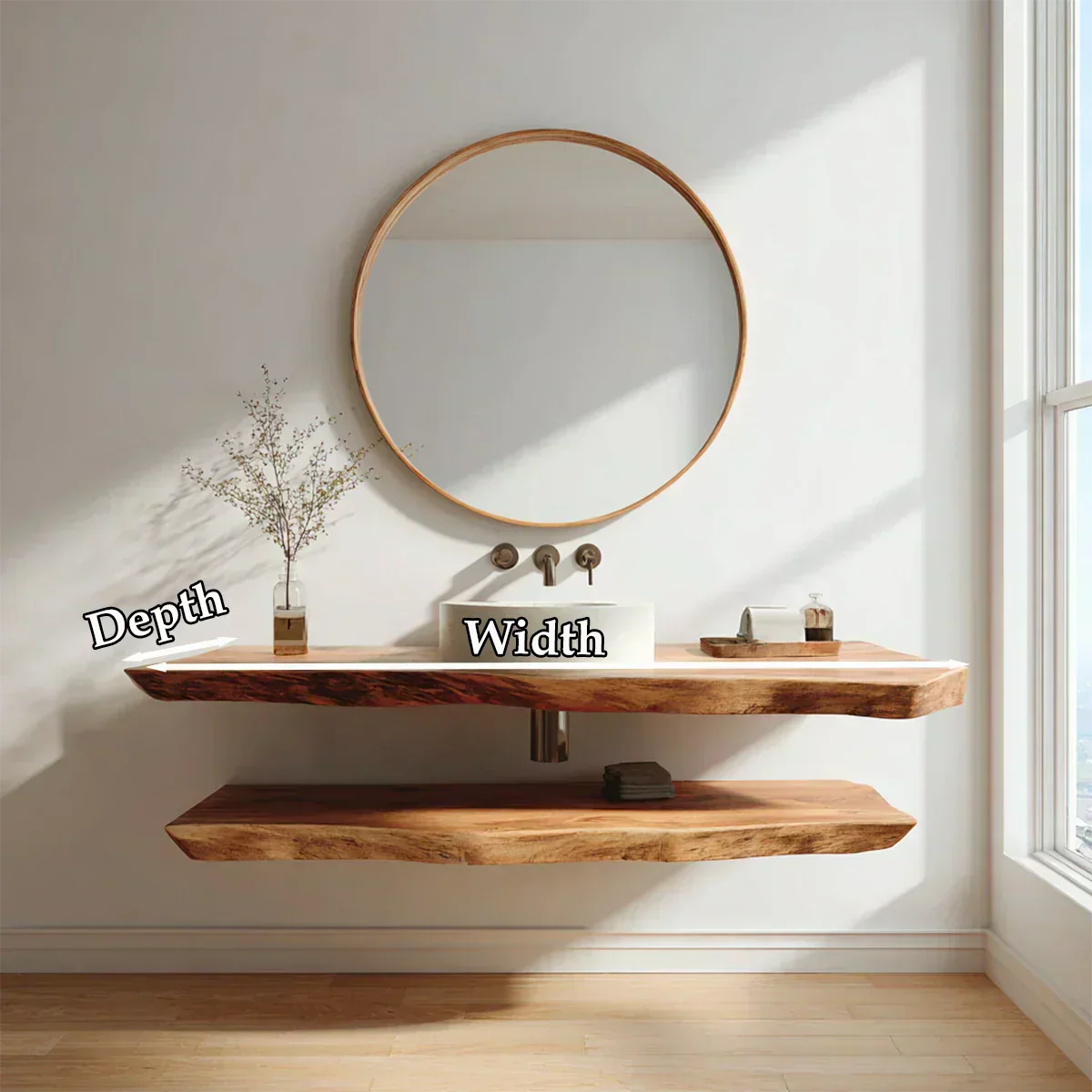 Natural Solid Wood Japandi Floating Bathroom Vanity Shelf - Rustirawood