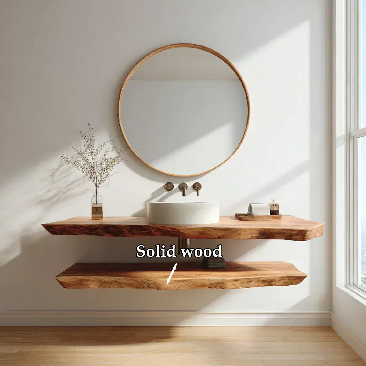 Natural Solid Wood Japandi Floating Bathroom Vanity Shelf - Rustirawood