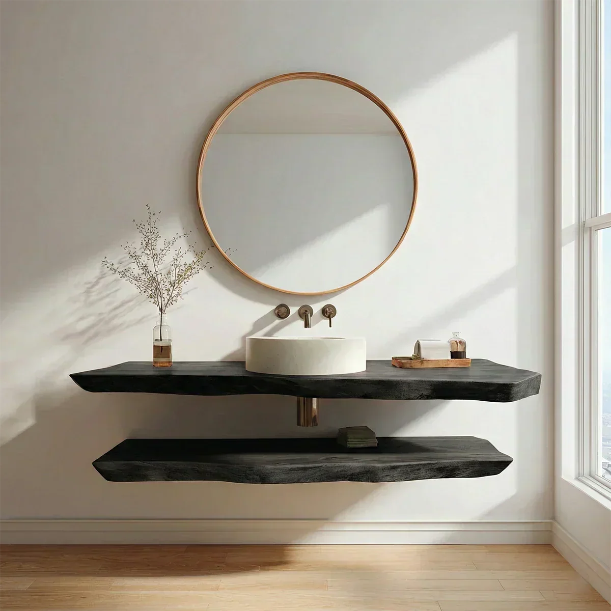 Natural Solid Wood Japandi Floating Bathroom Vanity Shelf - Rustirawood