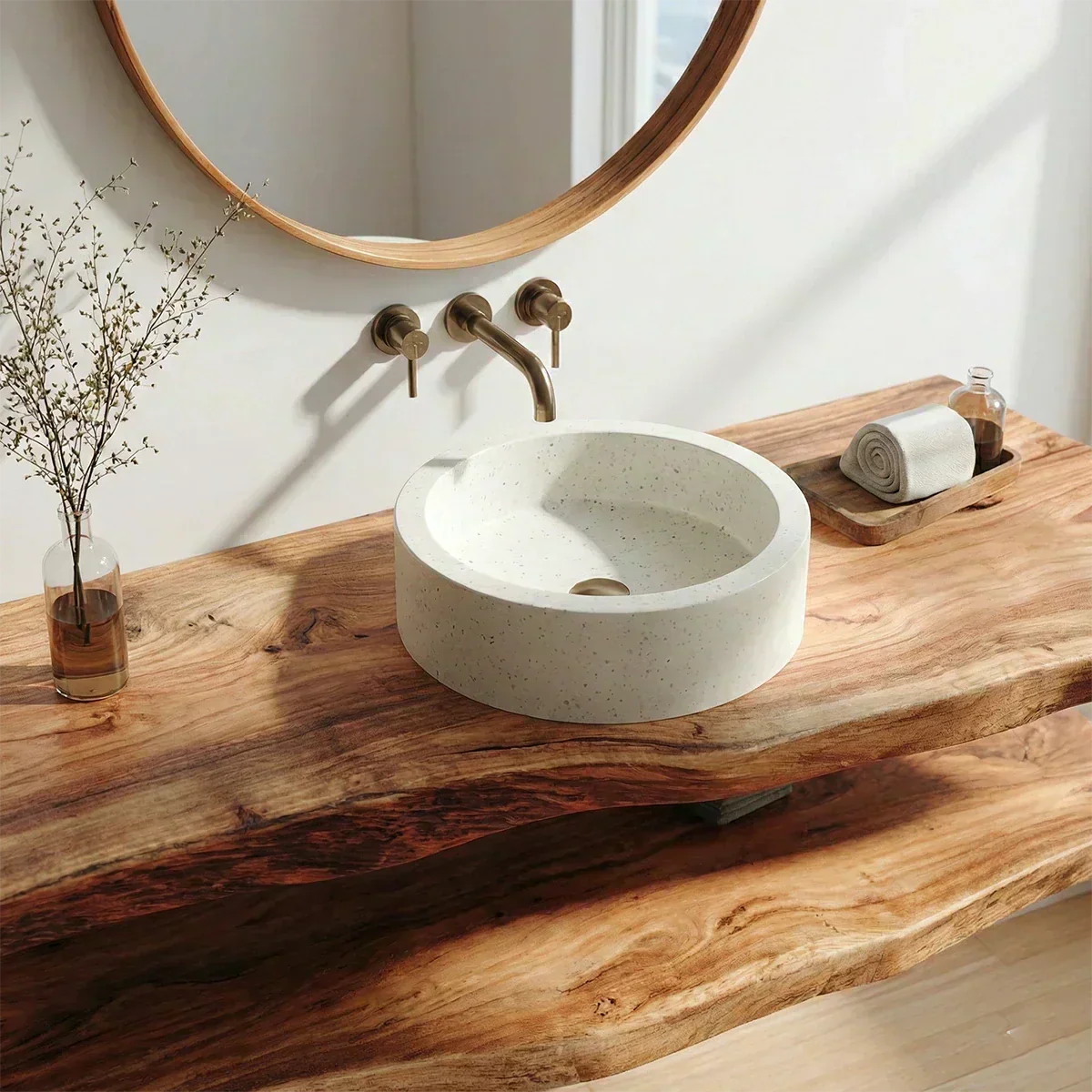 Natural Solid Wood Japandi Floating Bathroom Vanity Shelf - Rustirawood