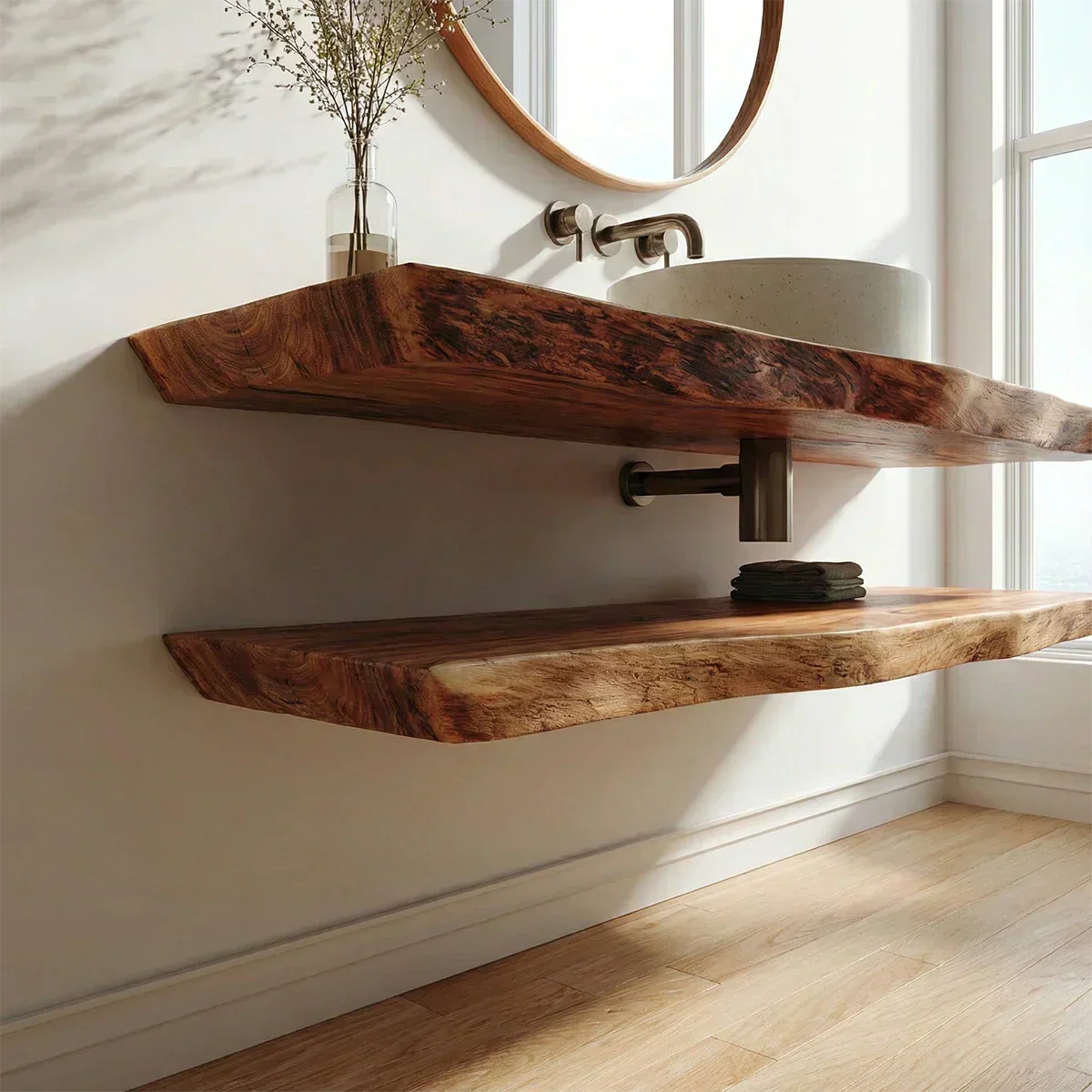 Natural Solid Wood Japandi Floating Bathroom Vanity Shelf - Rustirawood
