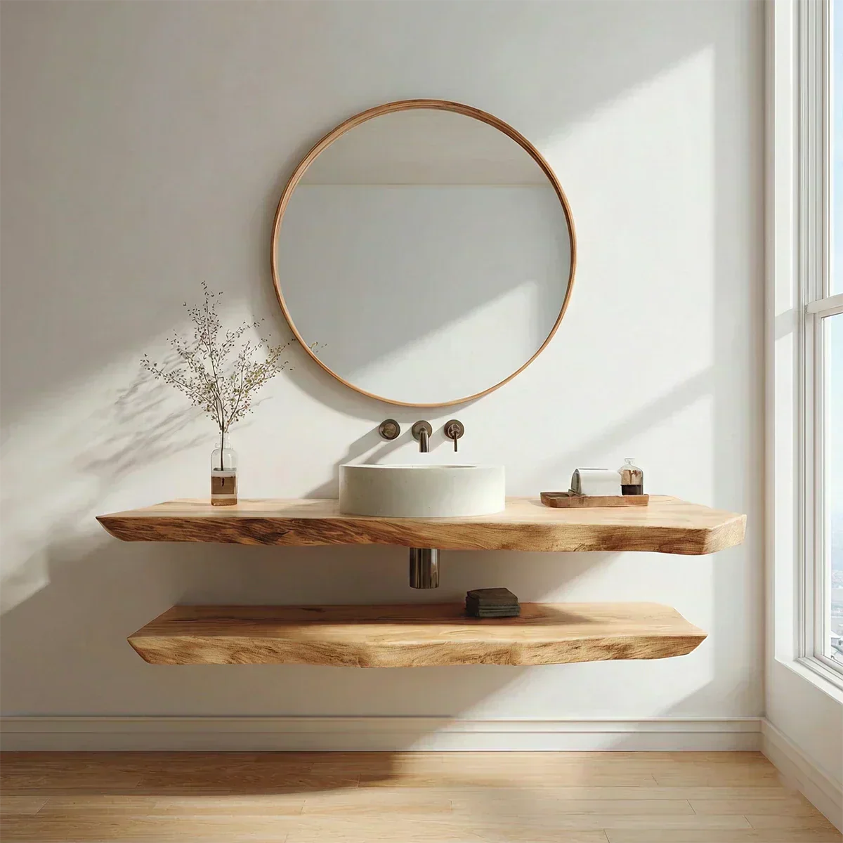 Natural Solid Wood Japandi Floating Bathroom Vanity Shelf - Rustirawood