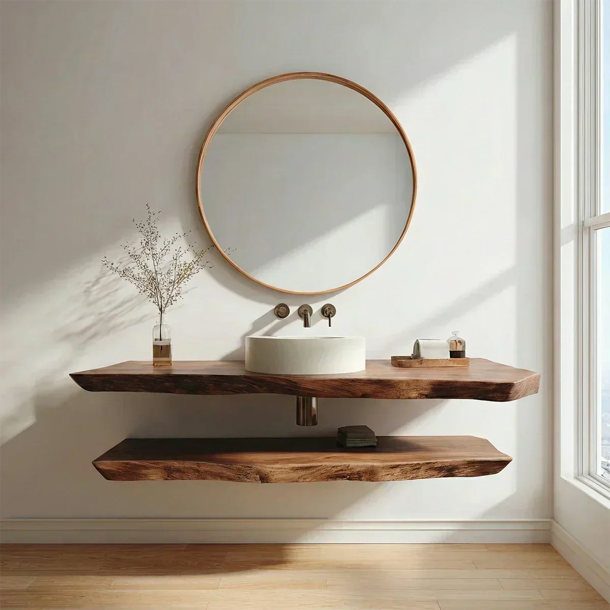 Natural Solid Wood Japandi Floating Bathroom Vanity Shelf - Rustirawood