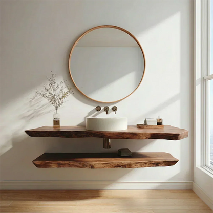 Natural Solid Wood Japandi Floating Bathroom Vanity Shelf - Rustirawood