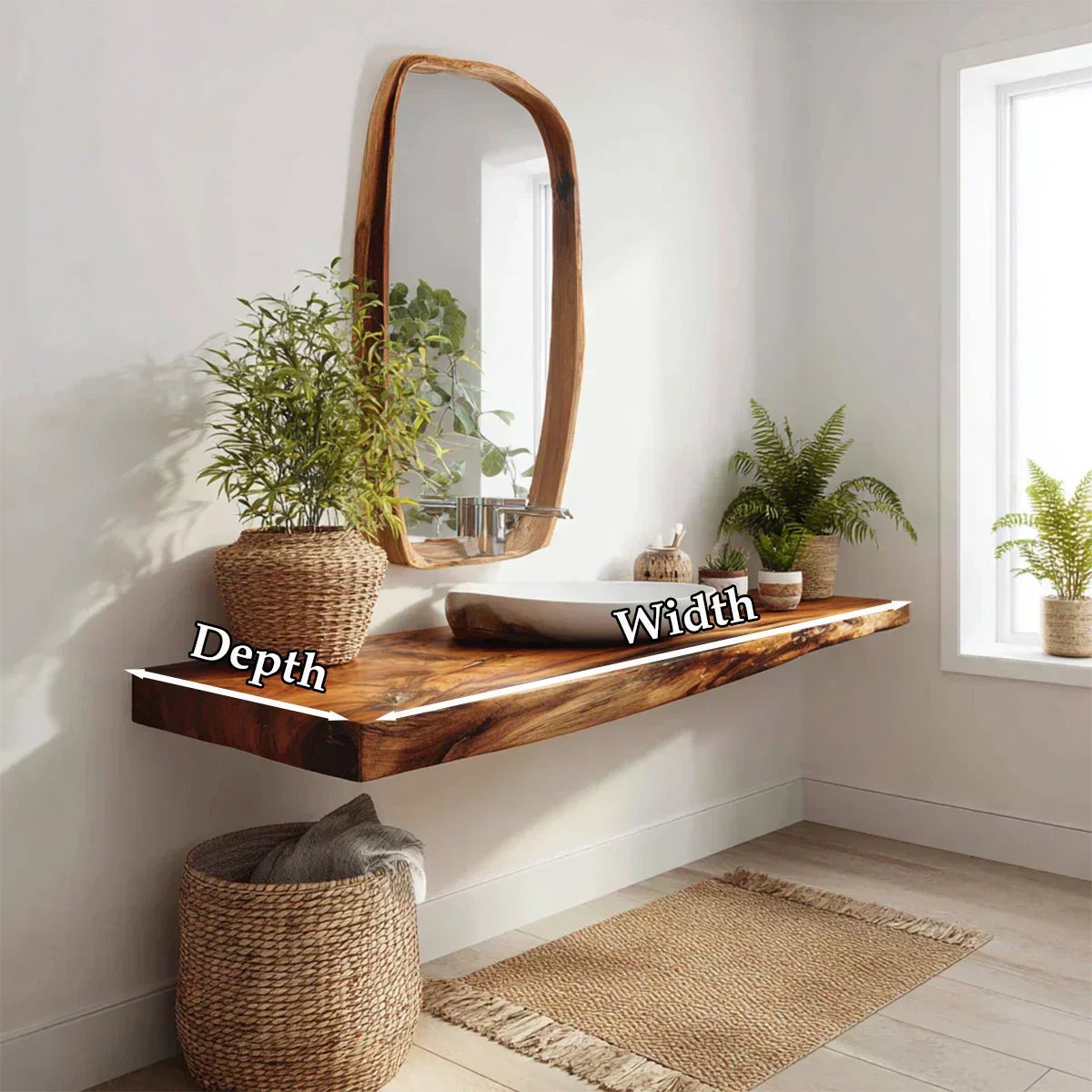 Natural Solid Wood Japandi Floating Vanity Shelf - Rustirawood