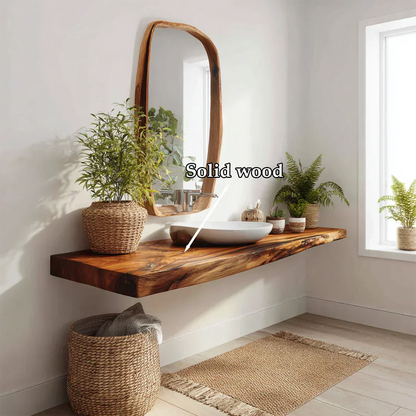 Natural Solid Wood Japandi Floating Vanity Shelf - Rustirawood