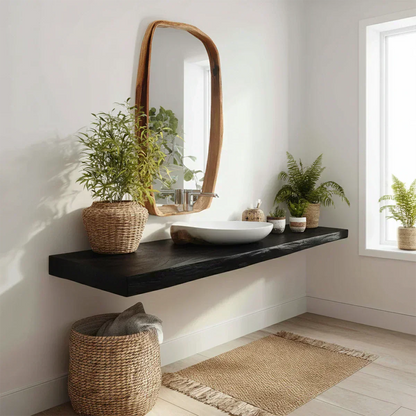 Natural Solid Wood Japandi Floating Vanity Shelf - Rustirawood