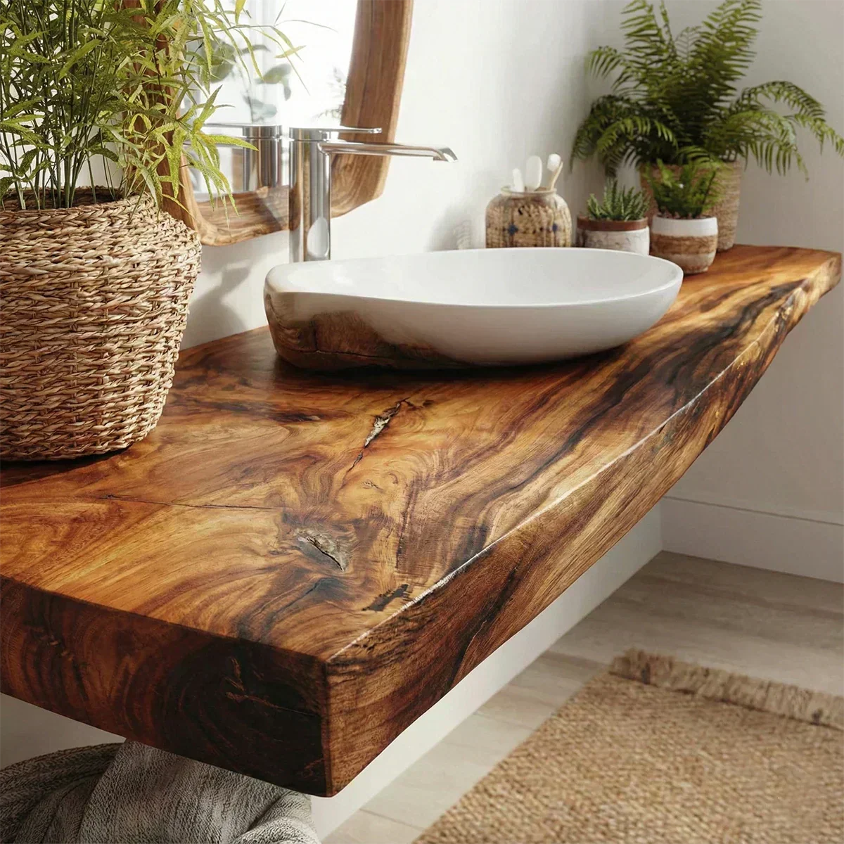 Natural Solid Wood Japandi Floating Vanity Shelf - Rustirawood