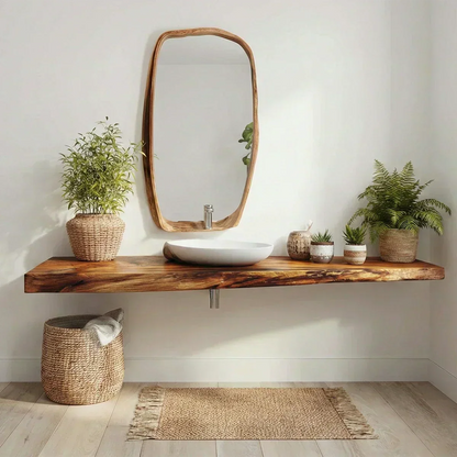Natural Solid Wood Japandi Floating Vanity Shelf - Rustirawood