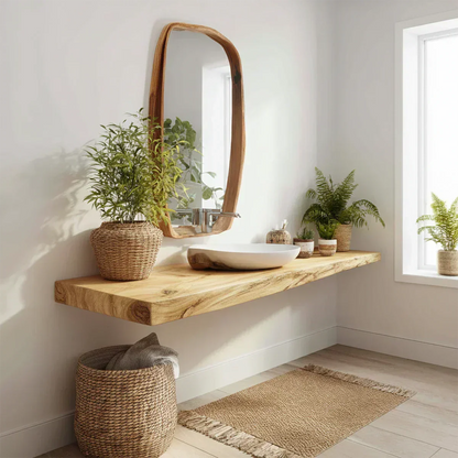 Natural Solid Wood Japandi Floating Vanity Shelf - Rustirawood