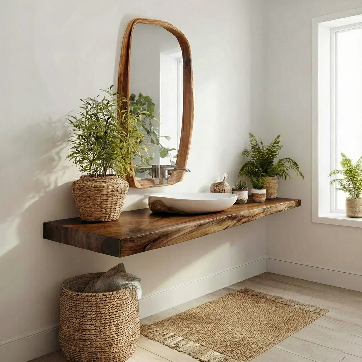 Natural Solid Wood Japandi Floating Vanity Shelf - Rustirawood