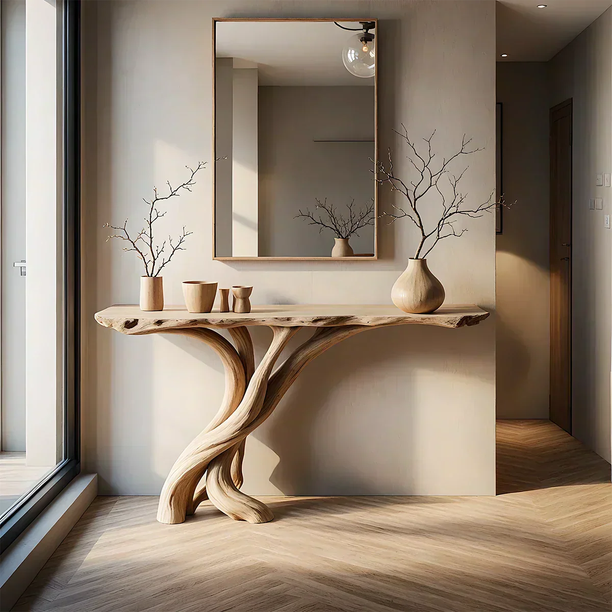 Natural Solid Wood Japandi Twisted-Root Console Table - Woodenecho