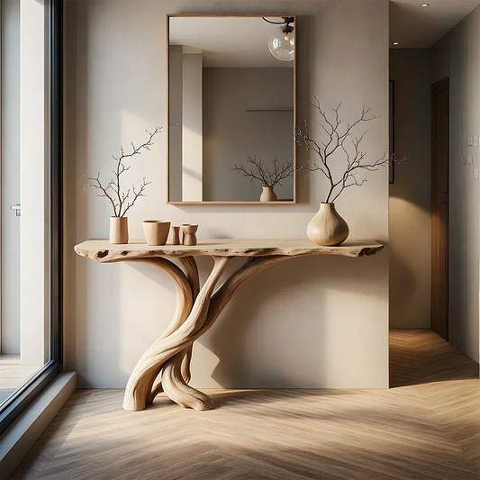 Natural Solid Wood Japandi Twisted-Root Console Table - Woodenecho