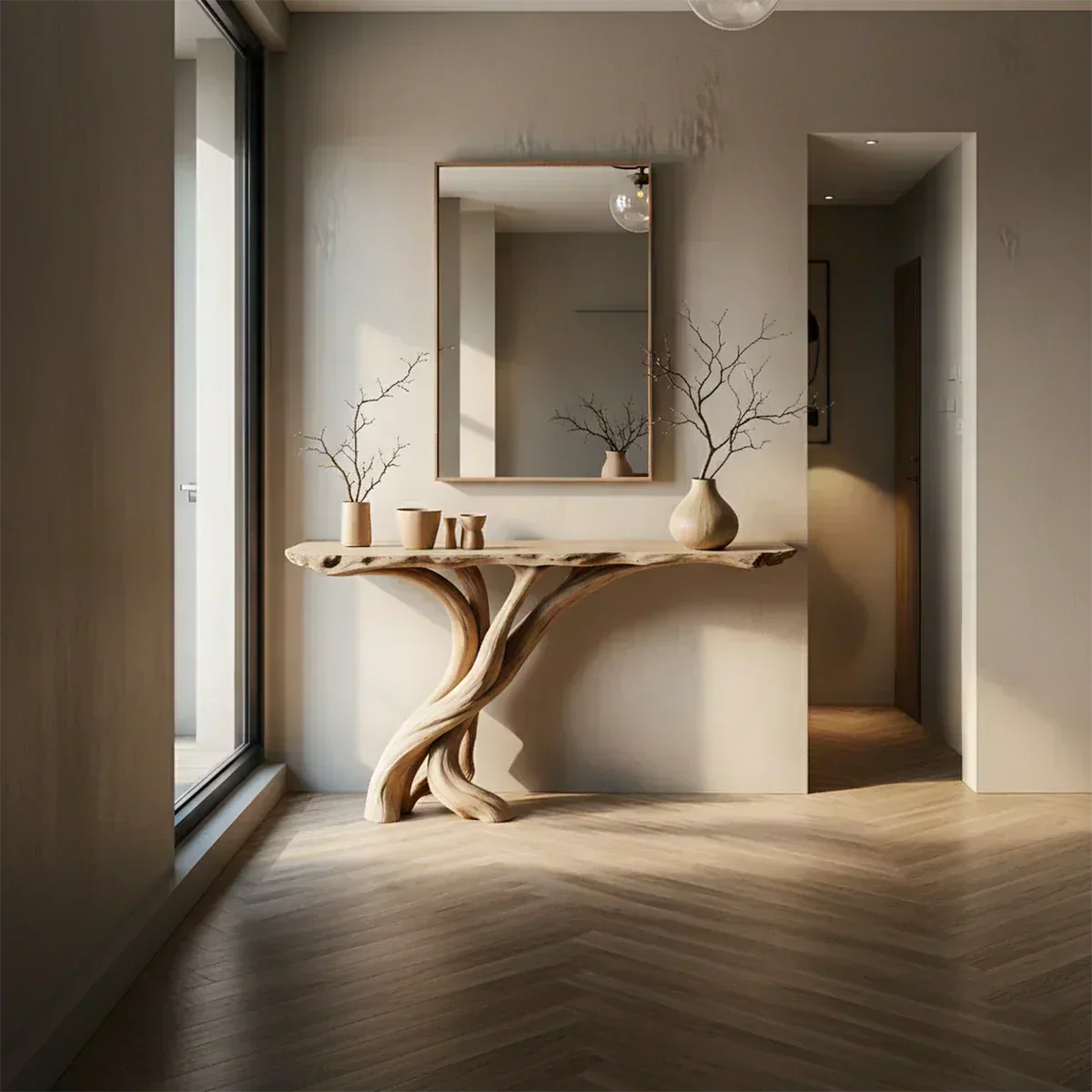 Natural Solid Wood Japandi Twisted-Root Console Table - Woodenecho