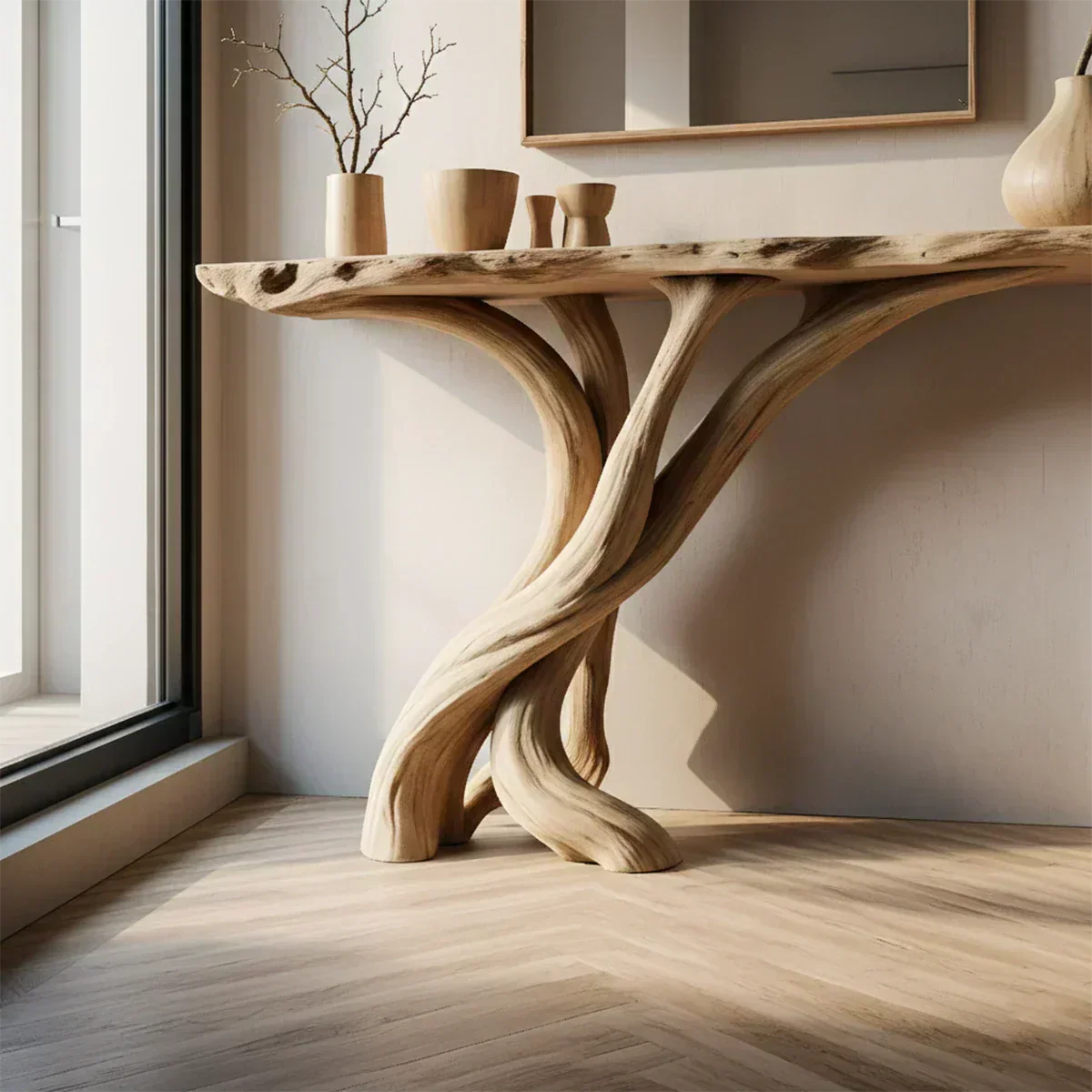 Natural Solid Wood Japandi Twisted-Root Console Table - Woodenecho