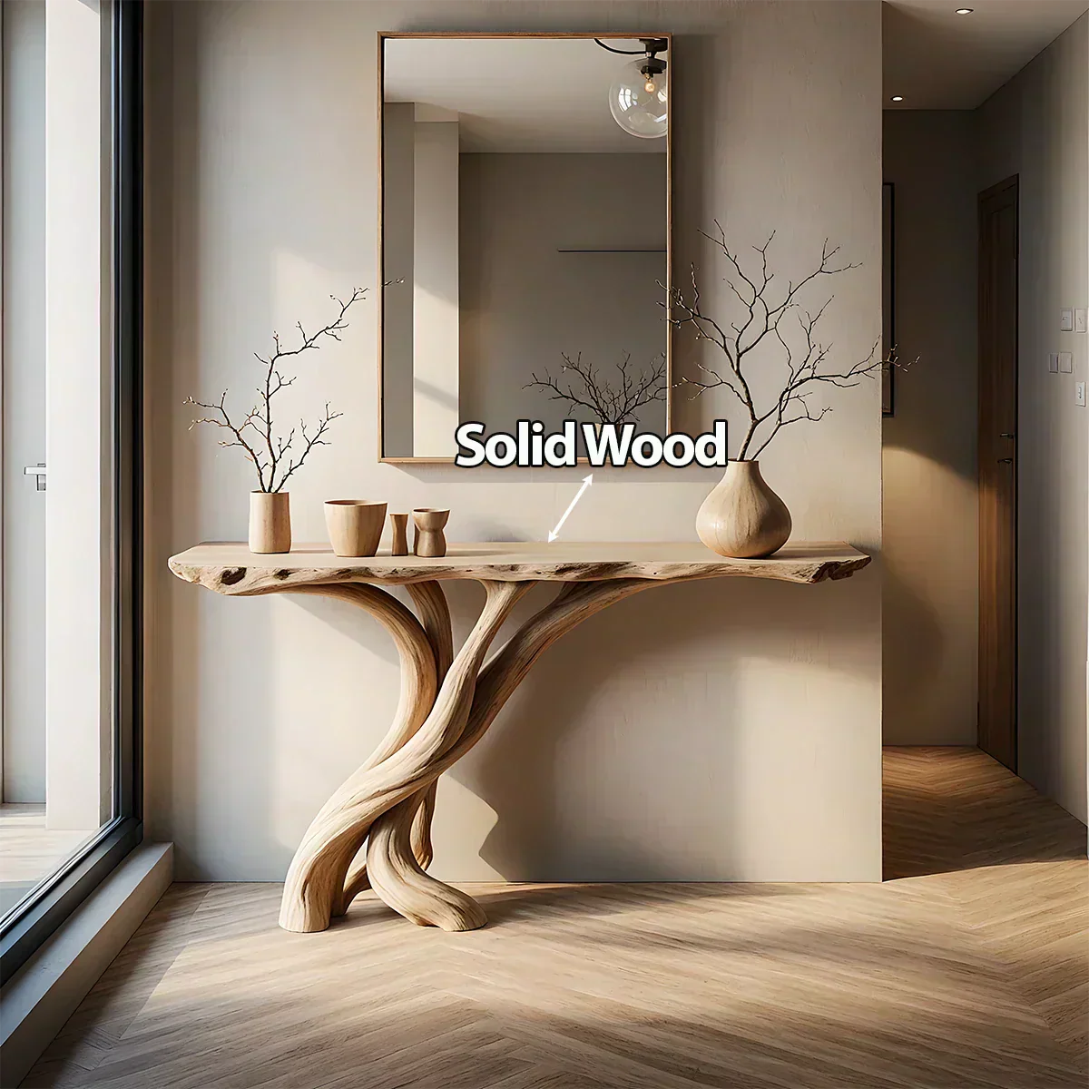 Natural Solid Wood Japandi Twisted-Root Console Table - Woodenecho
