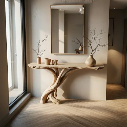 Natural Solid Wood Japandi Twisted-Root Console Table - Woodenecho
