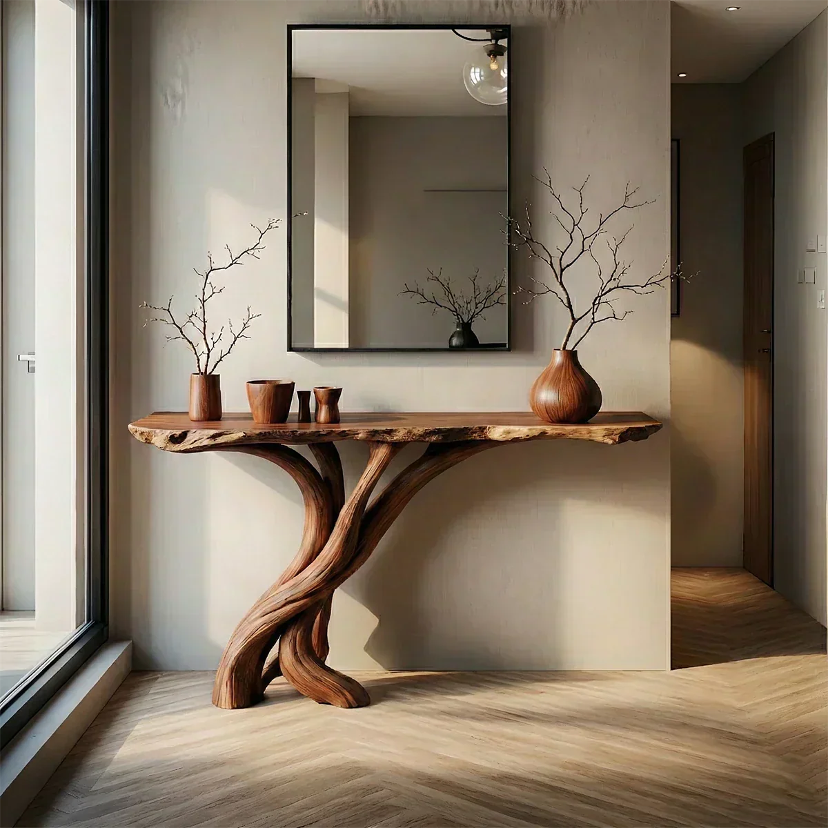 Natural Solid Wood Japandi Twisted-Root Console Table - Woodenecho