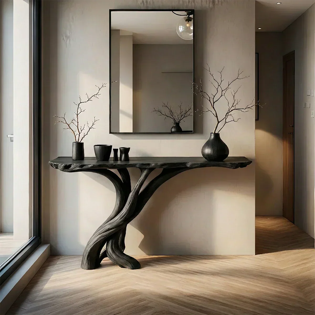 Natural Solid Wood Japandi Twisted-Root Console Table - Woodenecho
