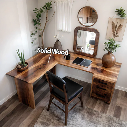 Natural Solid Wood L-Shape Desk with Drawer Cabinet - Woodenecho