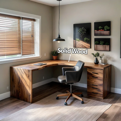 Natural Solid Wood L-Shape Desk with Integrated Storage - Rustirawood
