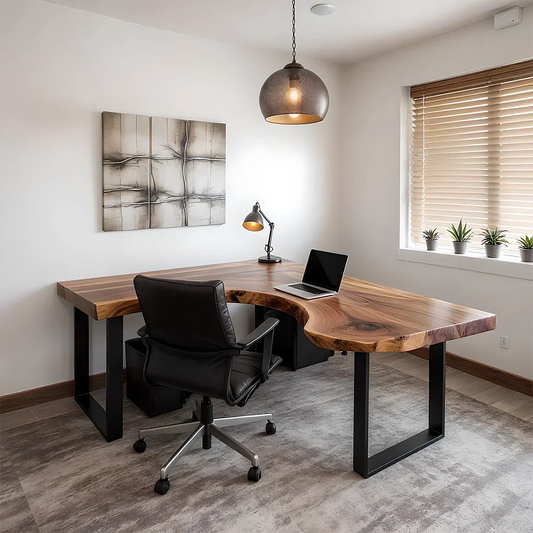 Natural Solid Wood L-Shape Live Edge Desk with Modern Steel Base - Rustirawood