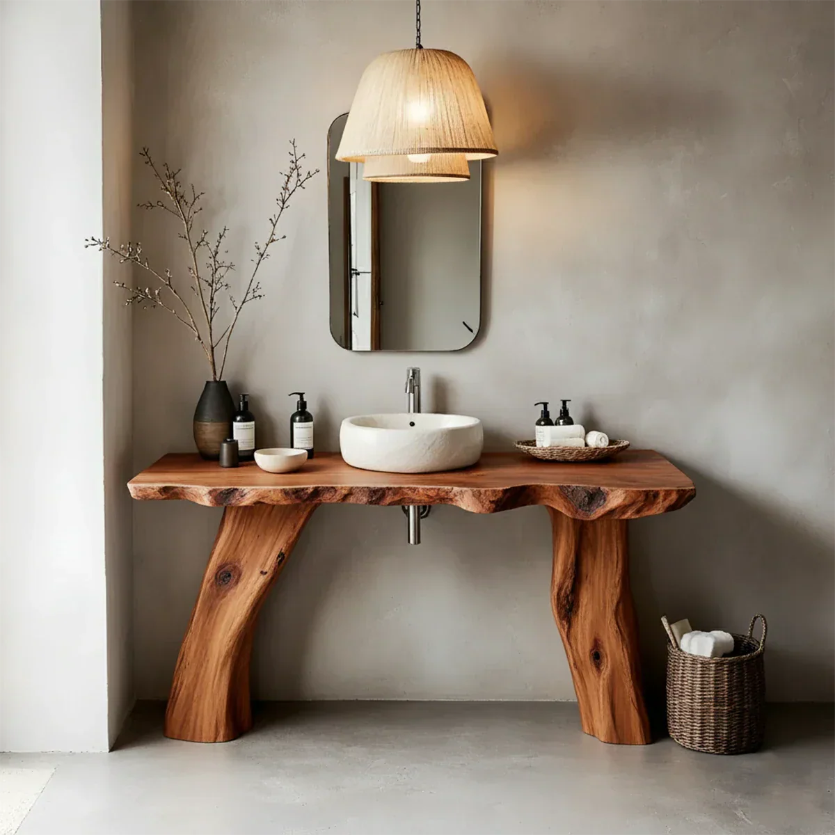 Natural Solid Wood Live-Edge Bathroom Vanity with Organic Sculpted Legs - Rustirawood