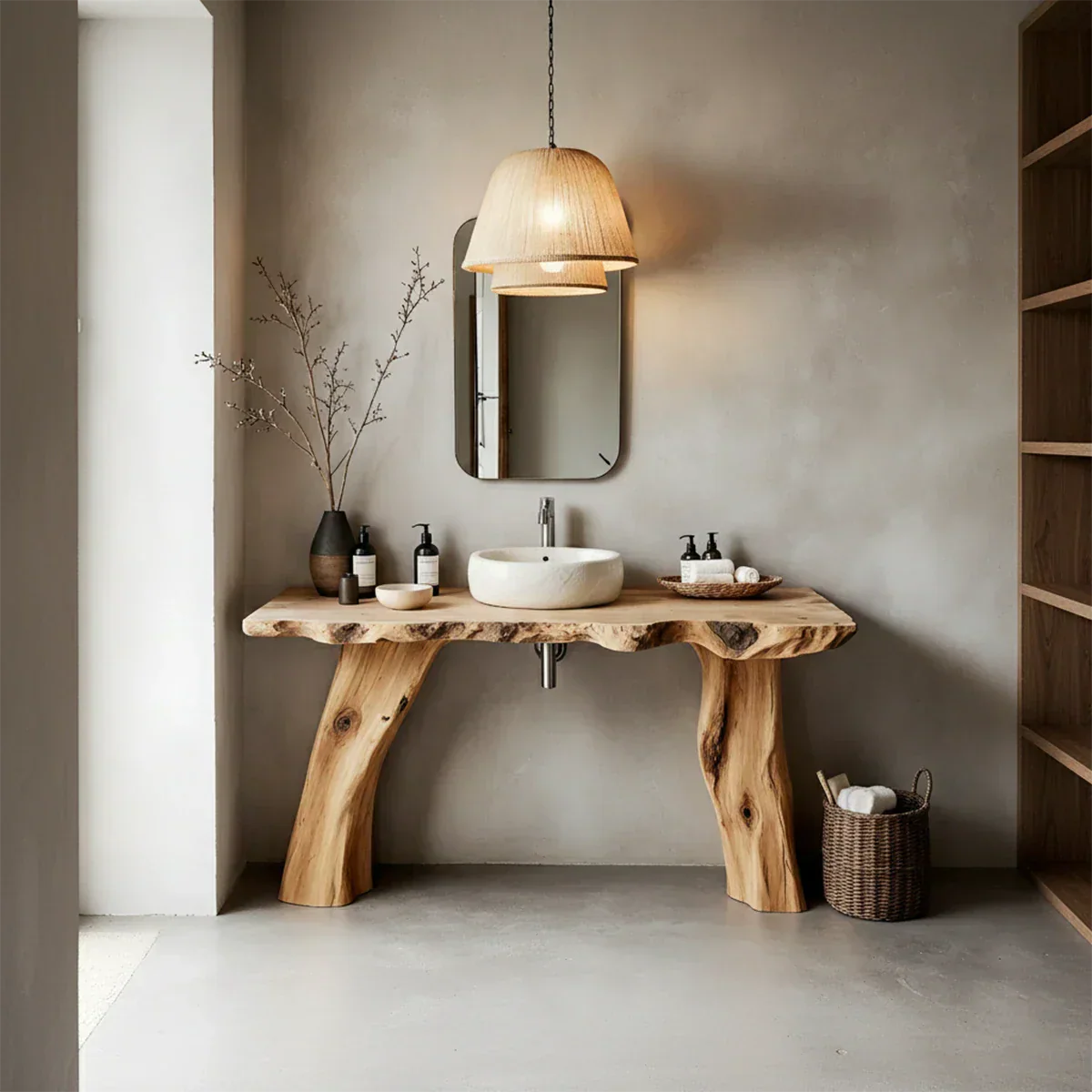 Natural Solid Wood Live-Edge Bathroom Vanity with Organic Sculpted Legs - Rustirawood