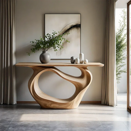 Natural Solid Wood Modern Sculptural Wave Console Table - Woodenecho