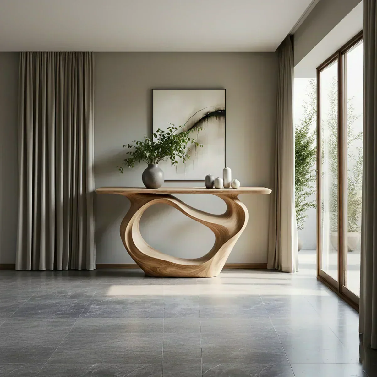 Natural Solid Wood Modern Sculptural Wave Console Table - Woodenecho