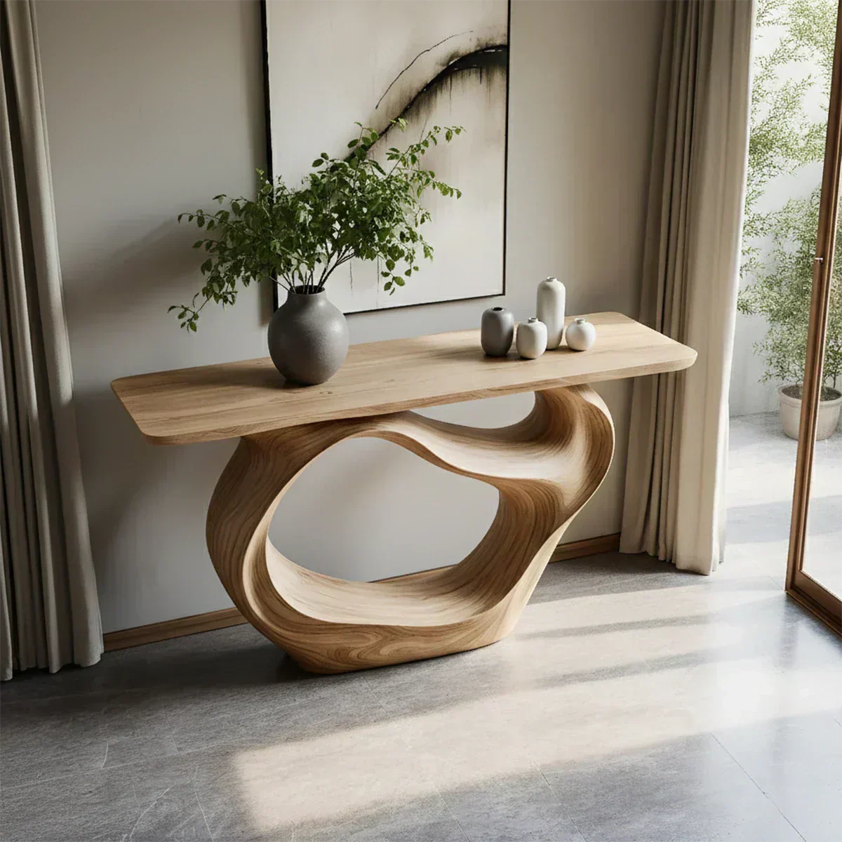 Natural Solid Wood Modern Sculptural Wave Console Table - Woodenecho