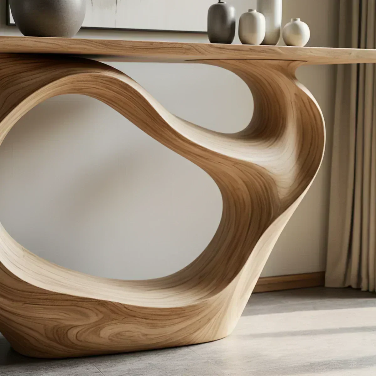 Natural Solid Wood Modern Sculptural Wave Console Table - Woodenecho