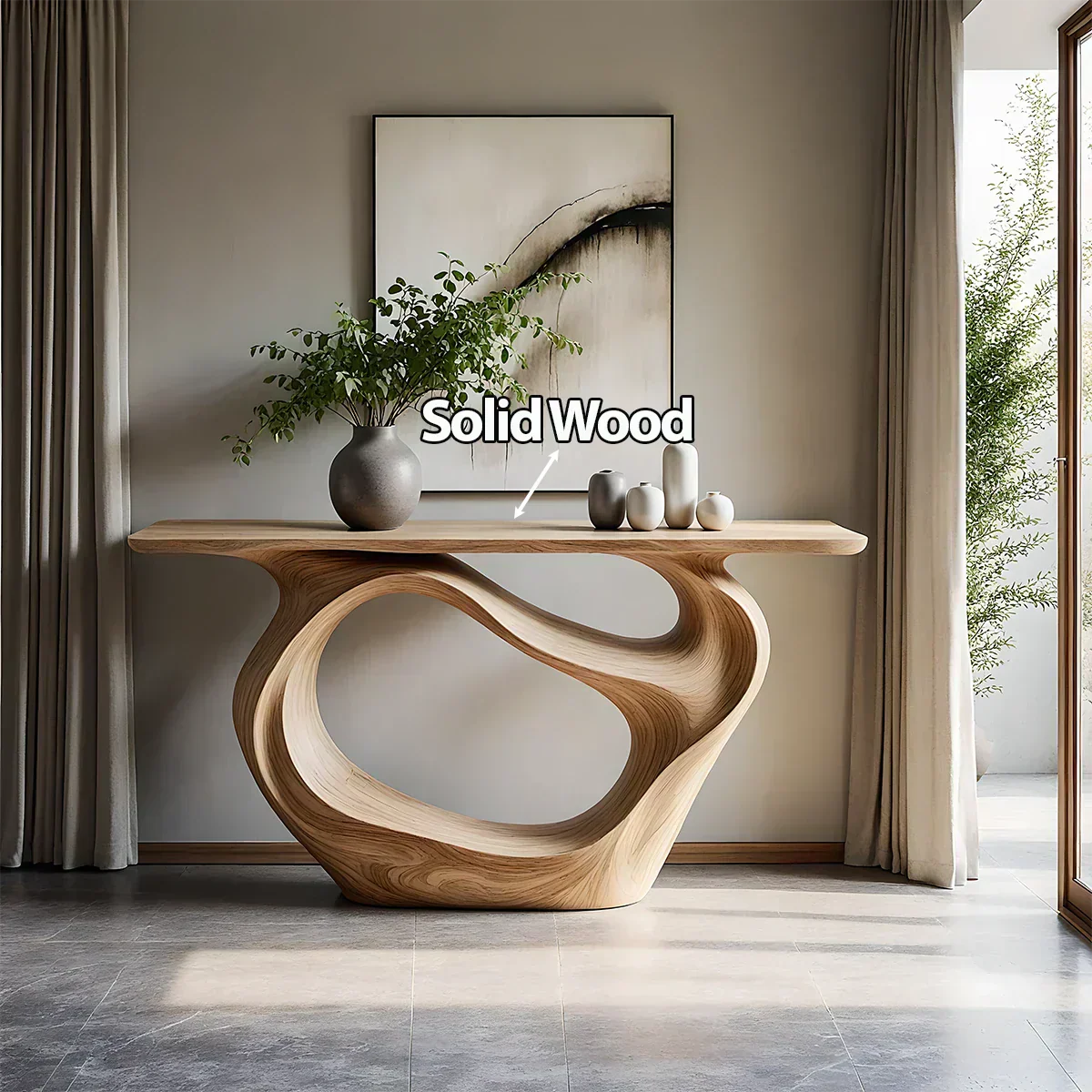 Natural Solid Wood Modern Sculptural Wave Console Table - Woodenecho