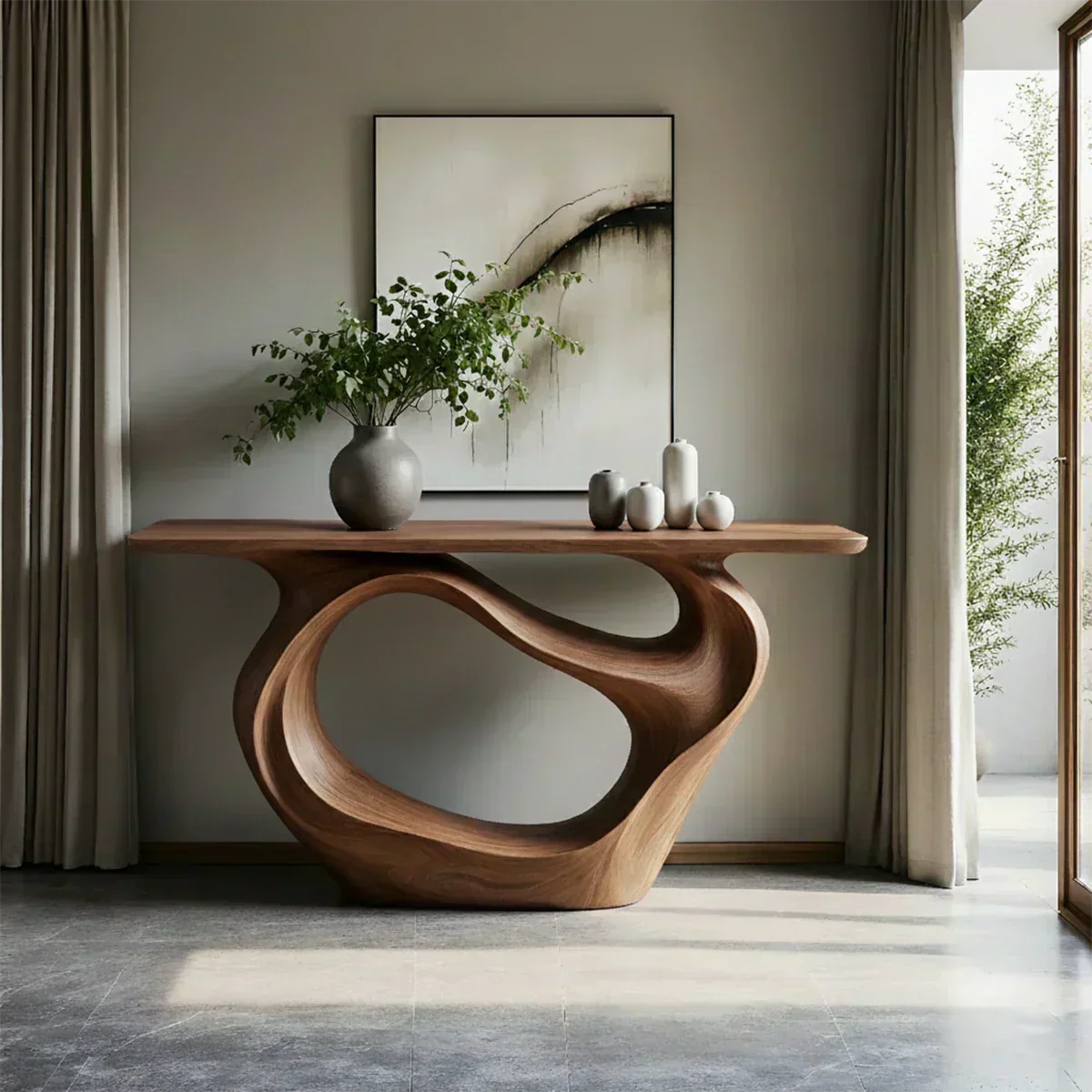 Natural Solid Wood Modern Sculptural Wave Console Table - Woodenecho