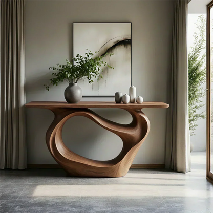 Natural Solid Wood Modern Sculptural Wave Console Table - Woodenecho