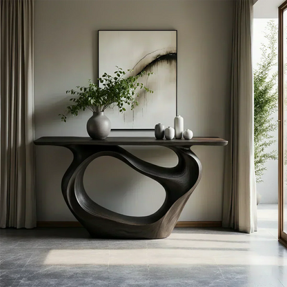 Natural Solid Wood Modern Sculptural Wave Console Table - Woodenecho