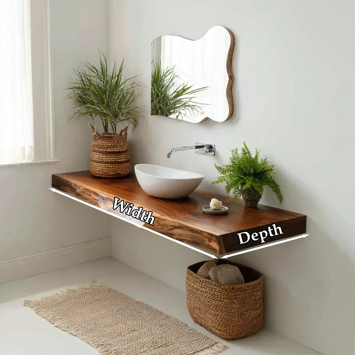 Natural Solid Wood Scandinavian Floating Bathroom Vanity Shelf - Rustirawood